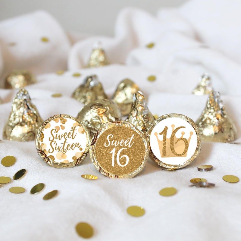 DISTINCTIVS White and Gold Sweet 16 Birthday Party Favor Chocolate Kisses Candy Stickers, Sweet Sixteen Stickers - 180 Count - Image 5